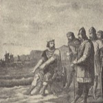 Canute rebukes his courtiers — engraving